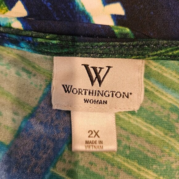 Worthington Blouse Womens 2X Bold Colorful Tropical Leaf Pleats Top casual flowy - Picture 8 of 11